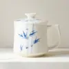 Taza de Oficina de Porcelana Blanca de las Dinastías Tang y Song con Tapa, Bambú Pintado a Mano, Taza de Agua de Cerámica, Taza Personal, Taza de Té