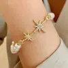 Pulseira de Pérola Estrela de Oito Pontas Totalmente Cravejada Brilhante para Mulheres, Estilo Vintage, Sensação de Luxo, Ajustável, Exquisita e Versátil