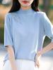 Nueva Camiseta de Punto Fino con Encaje Splicing para Primavera y Verano, Manga Media, Cuello Medio Alto para Mujer
