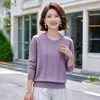 Malhas de Manga Longa para Outono e Inverno para Mulheres de Meia-Idade e Idosas, Tops Estilosos, Camisetas Básicas de Gola Redonda, Camisetas, Largas e Emagrecedoras