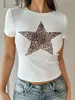 Camiseta de Manga Corta Retro de Cinco Puntas con Estampado de Leopardo Europea y Americana Transfronteriza para Mujer, Diseño de Nicho High Street, Top Camiseta Versátil de Corte Ajustado