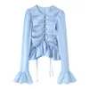 Ropa de mujer transfronteriza al por mayor 2026 Estilo dulce francés irregular volantes manga de campana cuello redondo cordón camisa top