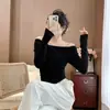 Camiseta Básica Elegante con Escote Asimétrico para Mujer, Otoño e Invierno, Forrada de Polar, Engrosada, Tejido Cepillado, Manga Larga, Corte Ajustado, Top Irregular