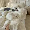 Juego de ropa de cama de cuatro piezas estilo blogger Ins, estilo coreano, con encaje de algodón y estampado floral pequeño, funda de edredón versión coreana, sábana bajera, ropa de cama
