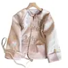 Nova Jaqueta Curta Rosa Estilo Chinês Gola Redonda Estampada Bronze Botão para Mulheres Primavera Nova Roupa Fina Estilo Chinês 99130