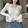 Comércio exterior atacado outono einverno design cuff costura camisola de penas elegante das mulheres com decote em V slim assentamento top de malha