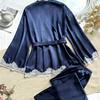 Pijama Feminino Europeu e Americano Transfronteiriço Manga Longa Confortável Cor Sólida Seda Gelada Cetim Renda Sexy Seda Artificial Robe Externo Roupa de Casa