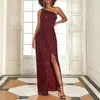 Nueva moda europea y americana para mujer Amazon vestido elegante, un hombro con abertura sexy lentejuelas largo vestido de noche