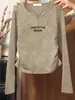 Camiseta de mujer de manga larga con cuello en V de algodón puro, nuevo modelo 2026, top caqui ajustado con fruncido lateral para ceñir la cintura, para otoño