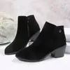 Novas Botas Curtas de Salto Grosso com Bico Redondo Plus Size para Mulheres, Comércio Exterior, Zíper Lateral Transfronteiriço, Camurça, Casuais, Salto Médio, Cano Curto