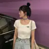 Fio Tricotado Cintura Alta Ombro a Ombro Curto Roupas Femininas Verão 2024 Novo Slim-fit Zíper Manga Curta Camiseta Feminina Tendência