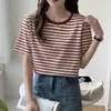 Top de Moda Retro a Rayas de Manga Corta, Corte Holgado Adelgazante, Estilo Americano, para Mujer de Tallas Grandes, Verano 2026