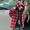 Jaqueta Camisa Xadrez com Capuz para Meninas Estilo Primavera e Outono Top Casual Soltinho de Manga Longa para Crianças Médias e Grandes Estilo Coreano Tendência Legal Camisa