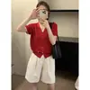 Cárdigan de Punto de Manga Corta Mmc Dition para Mujer, Verano Delgado de Lino con Diseño de Cuello en V y Puños con Incrustaciones de Encaje