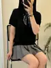 Nova Camisa de Primavera e Verão Gola Polo Tricô Manga Curta Feminino Gravata Estilo College Pulôver Solto Camiseta Simples