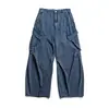Yidao Vintage Outono 2026 Novidades Bolsos Grandes Patchwork Calças de Perna Larga Jeans Longo Reto Lavado Retro Americano