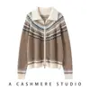 Cardigã de Cashmere Jacquard Fair Isle para Mulheres, Jaqueta Suéter Espessa e Quente, Rejuvenescedor, Suéter de Lã com Zíper Outono e Inverno 2025