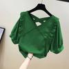 Camisa de Chifón de Manga Corta con Encaje Europeo, Top Femenino y Elegante con Cuello en V, Chic Reductor de Edad, Look Adelgazante y Camisa de Look Adelgazante