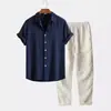 Camisa Casual de Manga Curta com Gola e Calça Longa Listradas Respiráveis 3D Impressas, Estilo Casual Simples, Moda de Verão Nova, Tendência Europeia e Americana