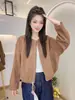 Chaqueta de otoño de alta gama estilo europeo, nueva, holgada, corte slim, vintage, gamuza, cuello redondo, con cremallera, para mujer