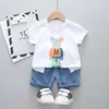 Nuevo conjunto de shorts de manga corta para niñas estilo coreano, tallas pequeña y mediana, conjunto de manga corta con dibujos animados para niños, conjunto de dos piezas con shorts de mezclilla para niños
