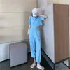 Traje de Algodón para Mujer Verano Ins Azul Lago Camiseta de Manga Corta Pantalones Leggings Cuello Polo Conjunto de Dos Piezas Estilo Ins