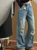 Jeans Reto Rasgado Novo Estilo Americano Retro de Verão para Mulheres, Tamanho Grande Emagrecedor Versátil Solto de Perna Larga Comprimento Total