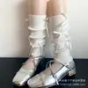 Conjunto de Piernas con Lazo Rosa Estilo Miu para Mujer Primavera y Otoño Calcetines de Punto Estilo Gris Calcetines Blancos Apilados en la Pantorrilla Estilo Ballet