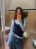 Chic y única camiseta azul de dos piezas de manga larga estilo coreano para mujer, perfecta para principios de otoño, un top deslumbrante y hermoso para llevar sola