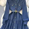 Vestido Elegante de Gama Alta para Mujer Otoño 2024 Nuevo Elegante para Dama Solapa Botonadura Única Ceñido a la Cintura Mezclilla Midi
