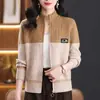 26 Suéter Casual de Punto de Bloque de Color con Cuello Alto de Moda, Cárdigan con Cremallera, Nuevo Abrigo Holgado Adelgazante para Mamá de Mediana Edad