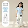 Conjunto de Duas Peças Casual de Calça de Renda com Laço para Meninas, Estilo Preppy, Moderno e Personalizado, com Top Plissado