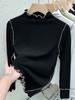 Camiseta de Mujer Suave Cera Cera Sentido del Diseño Línea Brillante Borde de Oreja Terciopelo de Doble Cara Cuello Medio Alto Manga Larga Camiseta Base para Mujer