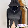 Moletom Cardigan Feminino de Inverno Nova Chegada com Zíper Duplo, Capuz de Lã, Peça Externa, Corte Justo, Curto, Camada Base Quente