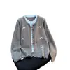 Cardigan Tricotado Falso Duas Peças Color Block Estilo Doce Laço, Novo Estilo Primavera e Outono, Suéter Casaco Estilo Preguiçoso Gentil e Elegante