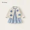 Youbao Roupas Infantis Primavera e Outono Conjunto Feminino Vestido Azul Solto com Suéter Cardigan Colorido Floral Conjunto de Duas Peças para Crianças