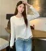 2025 Ropa Nueva de Otoño Talla Grande para Gorditas Camiseta de Manga Larga con Corte Francés y Borlas Asimétrica Cuello Redondo