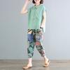 Conjunto de algodão e linho feminino 2021 verão nova chegada tamanho grande solto moda manga curta top estampado comprimento tornozelo calças conjunto de duas peças moderno