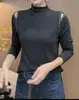 Camiseta de Manga Longa Gola Alta Meia-Boca com Contas Vazadas Outono Nova Tamanho Grande para Gordinhas Slim e Chique Camisa Top para Camada Interna