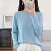 Suéter de malha de algodão puro para mulheres, gola redonda, manga longa, cor sólida simples, estilo básico, corte solto, adequado como camada base