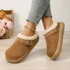Zapatillas de Algodón con Hebilla Decoración en la Punta Suela Gruesa Cálida Casual Invierno Ropa de Exterior Zapatillas Medias Peludas Fondo Plano Mujer Más Terciopelo Dama