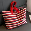 Bolsa de Ombro Casual de Lona Moda Grande Capacidade Estudante Feminina 2023 Nova Listrada Texturizada Bolsa Grande de Mão