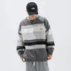 Suéter de Punto con Bloques de Color Retro a Rayas Cuello Redondo para Hombre Otoño Invierno Japonés Holgado Perezoso Ropa de Punto para Pareja