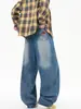 Calça Jeans Estampada Estilo Americano Acu para Homens, Primavera e Outono, Calça Larga Loose Lavada com Estampa Retro Americana