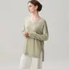 Suéter de tricô feminino fino, finamente trabalhado, de comprimento médio, com fenda lateral, caimento solto, gola V de cashmere, top emagrecedor