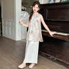 Roupa de Verão para Meninas Estilo Chinês 2025 Novo Verão Blusa de Botões e Calças de Perna Larga Conjunto de Duas Peças para Crianças Mais Velhas Tendência