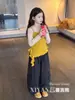 Roupa de outono para meninas: Conjunto casual e fashion de duas peças estilo coreano, apresentando um top assimétrico e calças cargo largas, estilosas e modernas.