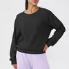 Camiseta Esportiva de Manga Longa com Gola Redonda e Padrão Waffle para Primavera e Outono, Estilo Europeu e Americano, Cor Sólida, Caimento Solto, Top Casual para Corrida e Fitness