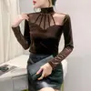 Otoño e Invierno Europeo Nuevas Camisas Base Europeas para Mujer Malla con Empalme de Terciopelo Camisas Pequeñas Elegantes Tops de Moda para Mujer