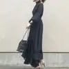 En Stock Coreano Otoño 2026 Nuevo Elegante Vestido de Cuello Alto con Volantes y Pliegues Falda Larga Corte Ajustado Maduro Manga Larga